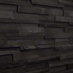 May include: Black wood wall paneling with a staggered, overlapping design. The wood planks are arranged in a horizontal pattern, creating a textured and modern look.