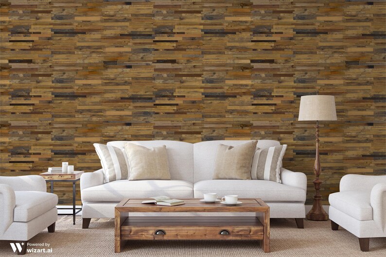 May include: A white sofa with pillows sits in front of a wall covered in reclaimed wood panels. A wooden coffee table sits in front of the sofa, and two white armchairs are on either side of the sofa. A floor lamp with a white lampshade is in the corner of the room.