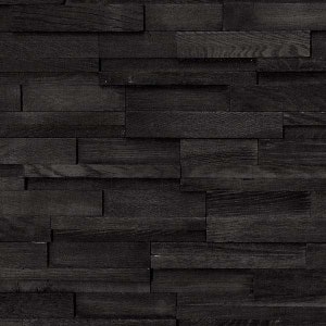 May include: Black wood wall paneling with a staggered, layered design. The wood planks are arranged in a horizontal pattern, creating a textured and modern look.