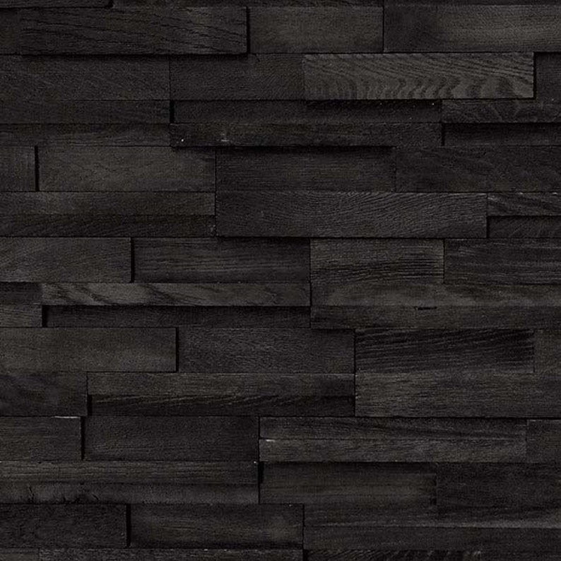 May include: Black wood wall paneling with a staggered, layered design. The wood planks are arranged in a horizontal pattern, creating a textured and modern look.
