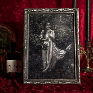 Ophelia in het bos, zilveren lijst, foto, donkere afdruk, decoratie, goth