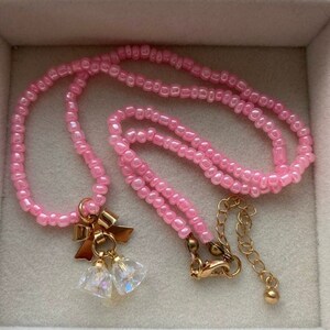 Handmade Gold Christmas Bells Charm Pink Beaded Necklace