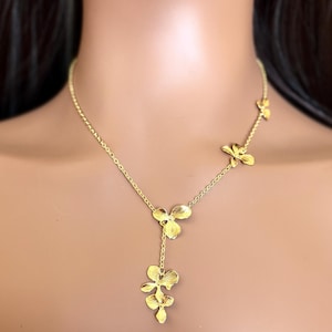Gold Plated and  and Gold Filled Orchid Lariat Necklace: Adjustable .Floral Cascade