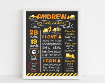 First Birthday Party Milestone Sign. Construction Trucks Printable Poster Party Decor