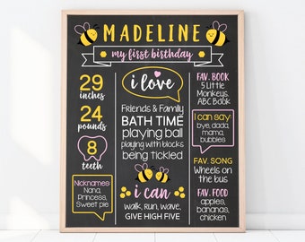 First Birthday Party Milestone Sign. Bumblebee Bee Printable Poster Party Decor