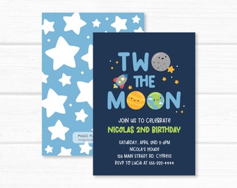 TWO the Moon Invitation. Boy Second Birthday Party Invite. Space, Solar System, Printable Digital Invitation or Printed Service Available