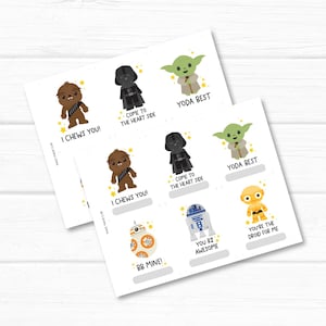 May include: A set of 8 printable Star Wars themed Valentine's Day cards featuring characters like Chewbacca, Yoda, Darth Vader, and R2-D2. Each card has a different message and a cute illustration.