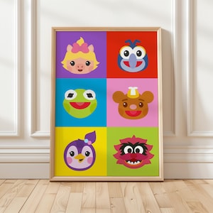May include: A framed print with six cartoon character faces in colourful squares. Characters include a blonde pony, a blue bird, a green frog, a brown bear, a purple penguin, and a red monster. Background colours are purple, red, blue, pink, yellow, and green.