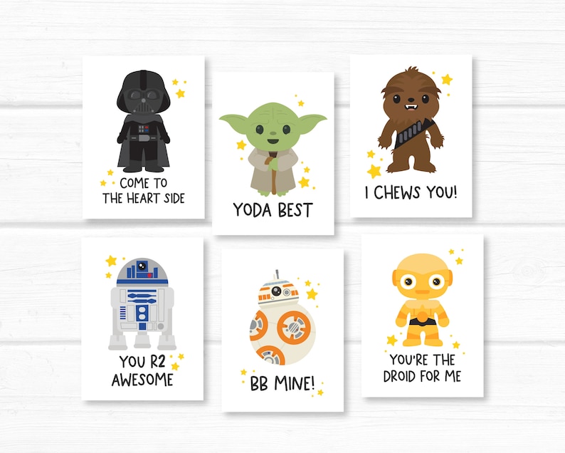 May include: Six printable cards featuring Star Wars characters with puns. The characters are Darth Vader, Yoda, Chewbacca, R2-D2, BB-8, and C-3PO. The cards are white with yellow stars and black text.