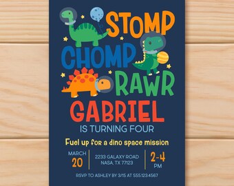 Space Dinosaur Birthday Invitation, Stomp Chomp Rawr Dino Invite, Astronaut Dinosaurs Printable Invitation (Digital or Printed)