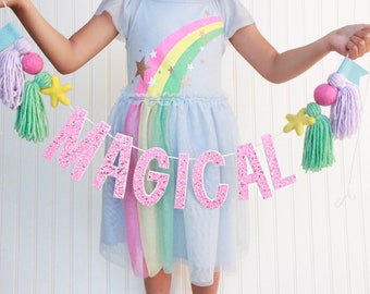 Magical Banner, Rainbow Party & Kids Room Decor, Handmade Glitter Garland Tassels