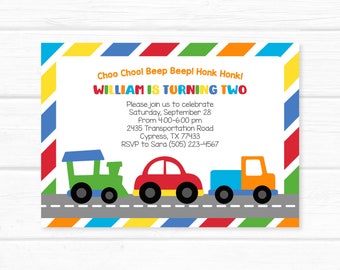 Transportation Invitation. Cars Trucks Boy First Birthday Party Invite. Printable Digital Invitation or Printed Service Available