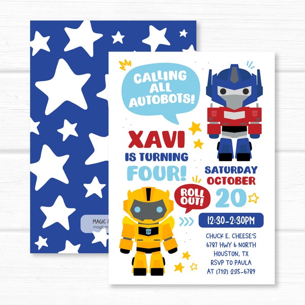 Robots Invitation. Cars Trucks Transform Birthday Party Personalized. Printable Digital Invites or Printed Service