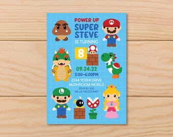 Invito a tema videogiochi. Invito per festa di compleanno a tema console classiche e giochi arcade di Mario Bros (digitale o stampato).
