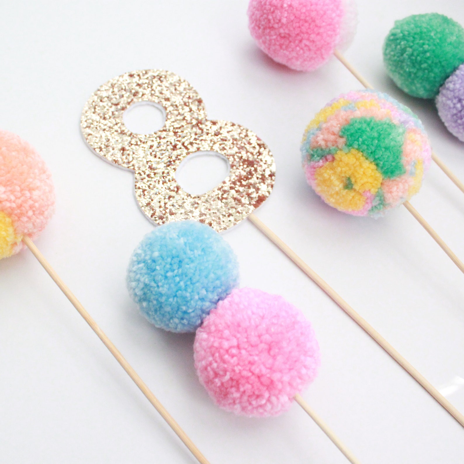 Pom Pom Cake Topper Cupcake Topper in Rainbow Pastel Party Etsy