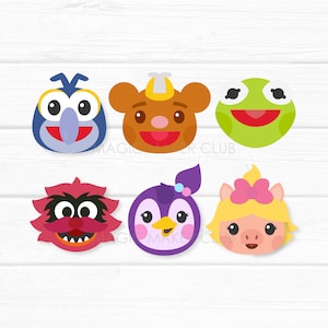 May include: Set of six colorful cartoon character faces, including a blue bird, a brown bear wearing a yellow construction hat, a green frog, a red monster with a mustache, a purple penguin with a pink bow, and a yellow pig with a pink bow.