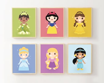 Princesses Art Print Set of 6, Princess Printable Instant Download, Girls Kids Decor Wall Art