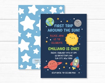 First Trip Around the Sun Invitation. Boy First Birthday Party Invite. Space, Solar System, Printable Digital Invitation or Printed Service