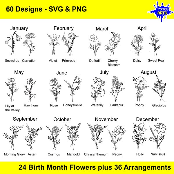 Birth Month Flower SVG, BirthMonth svg Bundle, Floral svg, Botanical SVG, Rose svg, Birthday SVG, Card making, sublimation, Wall art