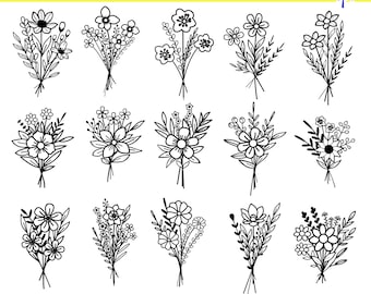 Line Art Bukett SVG Bundle | Blommönster med vilda blommor (digital nedladdning)