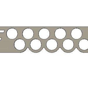 May include: A silver-colored multi-tool with a series of circular and hexagonal cutouts. The tool has the letters "SF" in white on the left side. The design includes a row of ten circular holes and a hexagonal opening on the right end.
