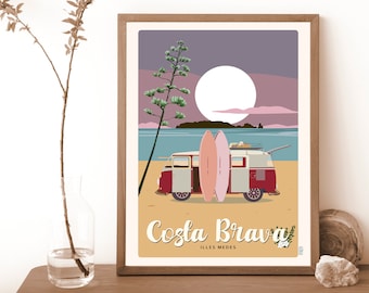 Wall decoration, Costa Brava, print, color poster, beach, sea and surf, night picture, moon, moonlight.