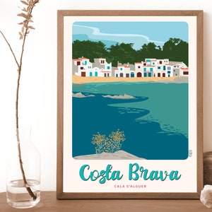 Meer, Poster, Costa Brava, Blumen, romantische Reise, Fischerhäuser, Sommer.