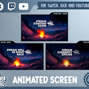 Puede incluir: Un conjunto digital de tres pantallas de transmisión animadas para Twitch, Kick y YouTube con una escena de fogata por la noche. Las pantallas muestran el texto: STREAM STARTING SOON, STREAM WILL BE RIGHT BACK y STREAM CURRENTLY OFFLINE con un logotipo.