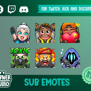 May include: A collection of six colorful sub emotes with various expressions. The emotes include characters with different skin tones and hairstyles. Text on the image reads "FOR TWITCH, KICK AND DISCORD", "TOXIC", "CORNER STUDIO", and "SUB EMOTES".