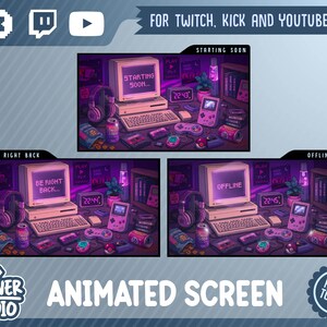 以下が含まれることがあります： Twitch、Kick、YouTube用のデジタルグラフィックセット。Starting Soon、Be Right Back、Offlineとラベル付けされた3つのアニメーション画面が含まれています。各画面には、紫とピンクの色調でレトロなコンピュータデスクのセットアップとゲームアクセサリーが表示されています。