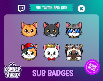 6x Cat Twitch & Kick badges for streaming or gaming