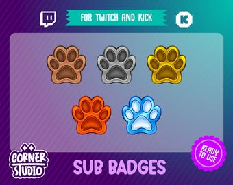 5x Paws Twitch & Kick badges for streaming or gaming