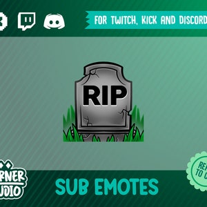 May include: A gray tombstone with the letters "RIP" in black, set against a green background with grass. The image includes the text "FOR TWITCH, KICK AND DISCORD" and "SUB EMOTES". The Corner Studio logo is also visible.