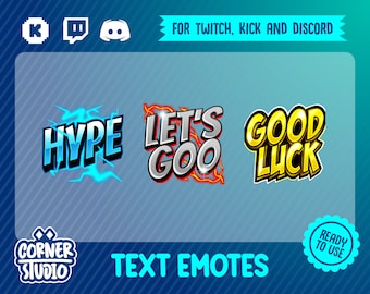 Hype, Let's Goo, Good Luck Twitch, Discord & Kick text emotes for streaming or gaming