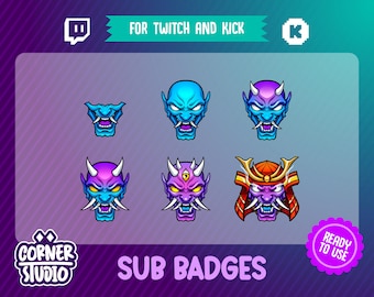 6x Oni mask Twitch & Kick badges for streaming or gaming