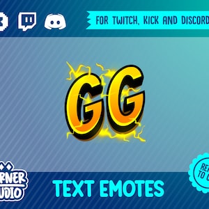 GG żółty piorun Twitch, Discord i tekst emotikony Kick do streamingu lub gier