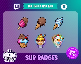 6x Ice cream Twitch & Kick badges for streaming or gaming