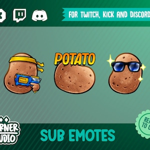 May include: Set of three potato-themed sub emotes. One potato wears a yellow headband and holds a blue toy gun. Another has the word "POTATO" above it. The third potato wears sunglasses. Text reads "FOR TWITCH, KICK AND DISCORD" and "SUB EMOTES".