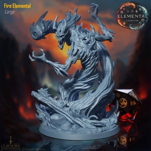 May include: A gray, detailed miniature of a fire elemental, a creature made of flames, with a menacing expression. The miniature is posed on a circular base with a rocky texture. The miniature is part of the Elemental Cataclysm series.
