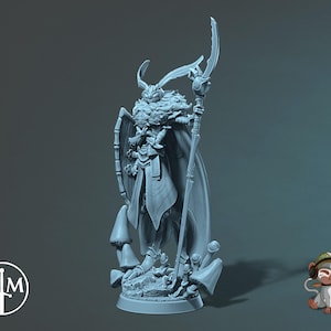 May include: A light grey figurine of a fantasy character with a horned helmet, cape, and staff. The character stands on a base with mushrooms and rocks. The figurine has intricate details and a stylized design, suitable for tabletop gaming or display.