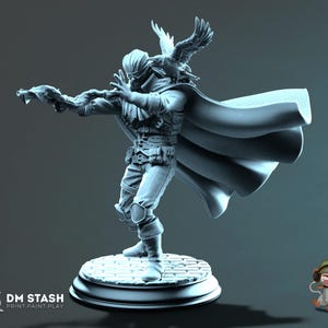 May include: A detailed, monochrome figurine of a character with a bird perched on their shoulder and a flowing cape. The figure is standing on a circular base. The text "DM STASH PRINT. PAINT. PLAY" is visible.