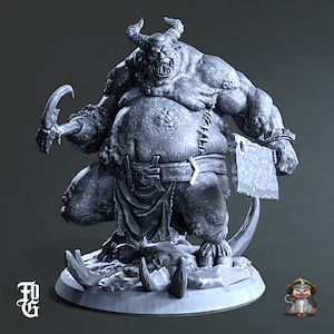May include: A grey, detailed miniature figurine of a grotesque, muscular, and overweight demon with horns, holding a cleaver and a hook in its hands. The demon is standing on a rocky base with a skull and bones.