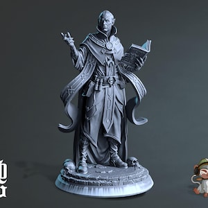 May include: A gray painted figurine of a wizard holding a book. The wizard is wearing a long robe with intricate details and a pointed hat. The figurine is standing on a circular base.