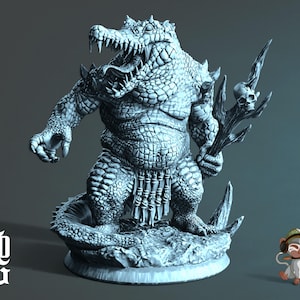 May include: A light gray, detailed miniature figurine of an anthropomorphic crocodile creature with a wide, open mouth, sharp teeth, and a long tongue. The figure holds a staff topped with a skull and wears a loincloth made of bone-like segments.