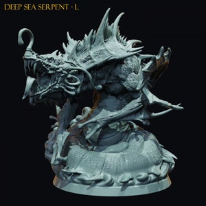 May include: A grey, detailed, 3D printed miniature of a deep sea serpent with a long, serpentine body and a large, open mouth. The serpent is posed in a coiled position, with its head raised and its tail curled around its body. The miniature is set on a base that resembles a rocky outcropping.