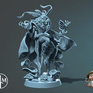May include: A detailed, grey 3D-printed figurine of a moth-like creature with a staff and cape, standing on a base with mushrooms. The figurine has intricate details and a fantasy theme. A small cartoon monkey with headphones is in the bottom right corner.