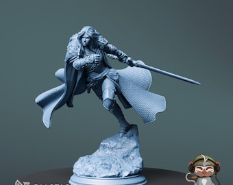 May include: A light blue figurine of a warrior in a dynamic pose, holding a sword. The figure is detailed with armor, a flowing cape, and stands on a rocky base. The base is on a black circular platform. The text "DM STASH PRINT.PAINT.PLAY" is visible.