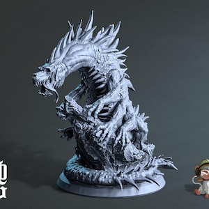 May include: A detailed, gray, 3D printed miniature of a dragon with sharp teeth and claws, standing on a rocky base. The dragon has a spiky back and a long tail.