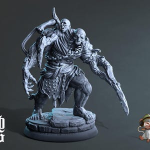 May include: A detailed, gray, 3D printed miniature of a monstrous creature with multiple arms and a sharp blade. The creature is standing on a stone base.