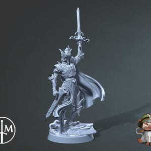 May include: A grey, detailed miniature figurine of a knight holding a sword aloft. The knight is wearing armour and a flowing cape. The figurine is standing on a circular base.